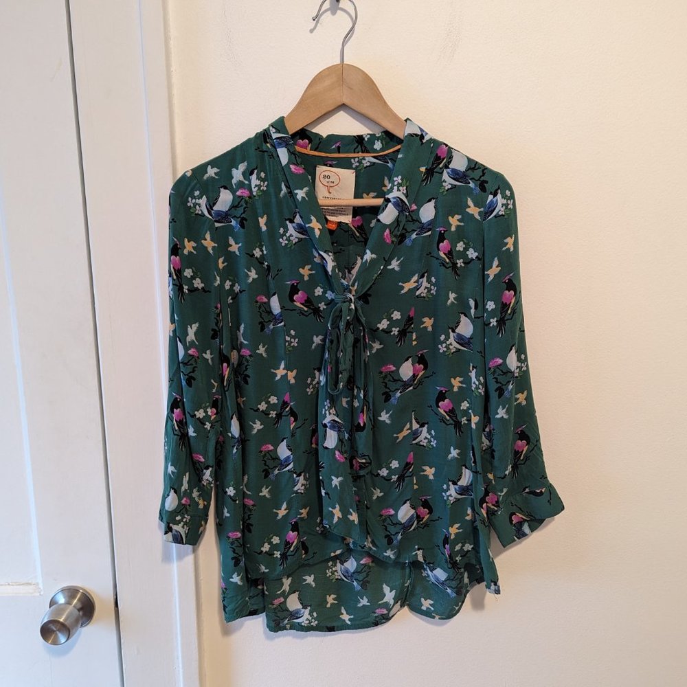 Anthropologie Green Bird-Print Tie-Neck Blouse